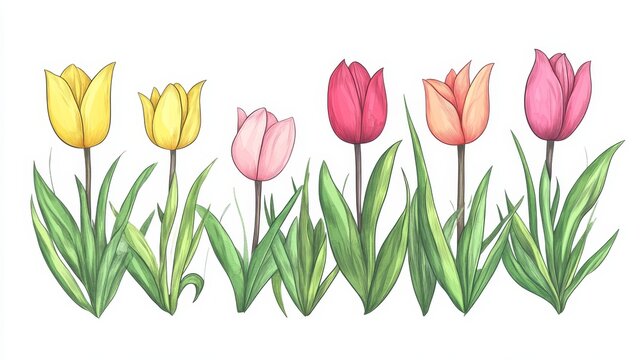Against a pristine white backdrop, vibrant watercolor tulips bloom surrounded by lush green grass