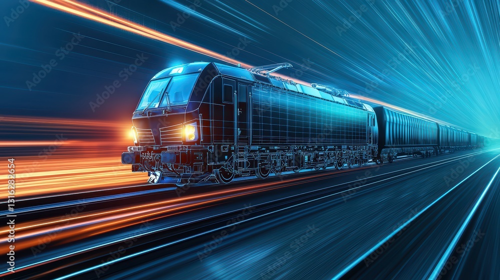 Poster ai-powered tracking system on holographic screen displaying high-speed train in motion