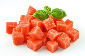 Vibrant cubed watermelon chunks with fresh green basil leaves a close up shot on white background studio shot