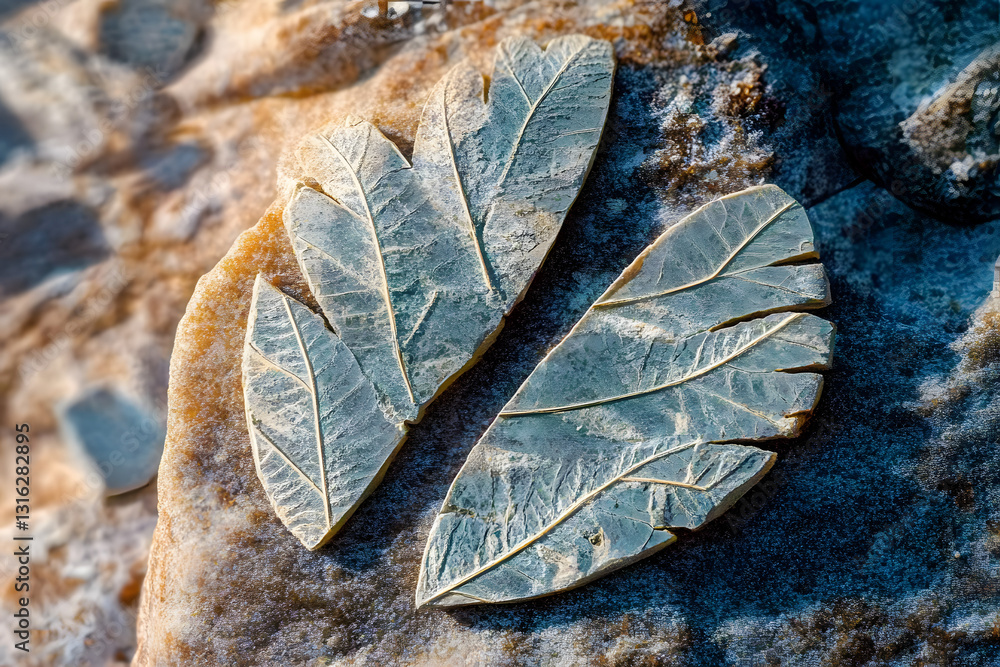 Poster fossilized leaf. selective focus. close-up, background and texture