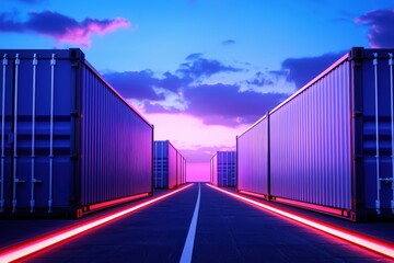 Obraz premium Neon-Lit Cargo Hub with Cyberpunk Style and Pathways Under Vibrant Sunset Sky