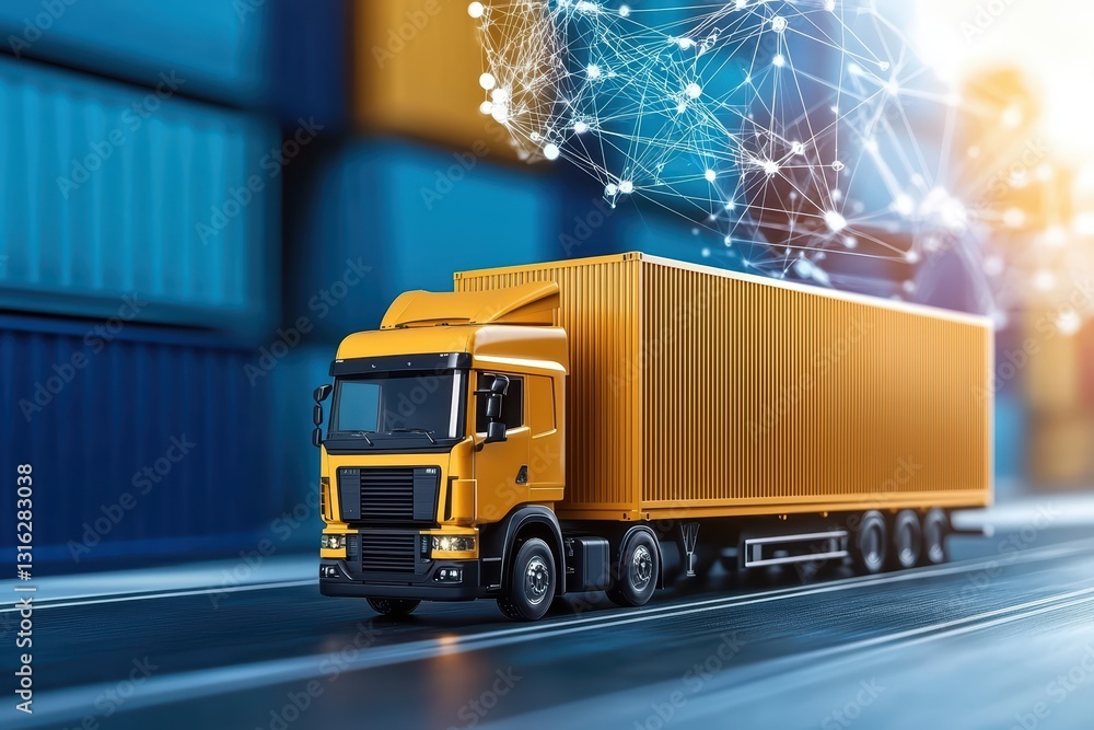Poster digital twin logistics management concept with container truck and data interface visualization