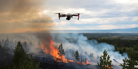 The drones are flying over the forest, capturing footage of the fires.