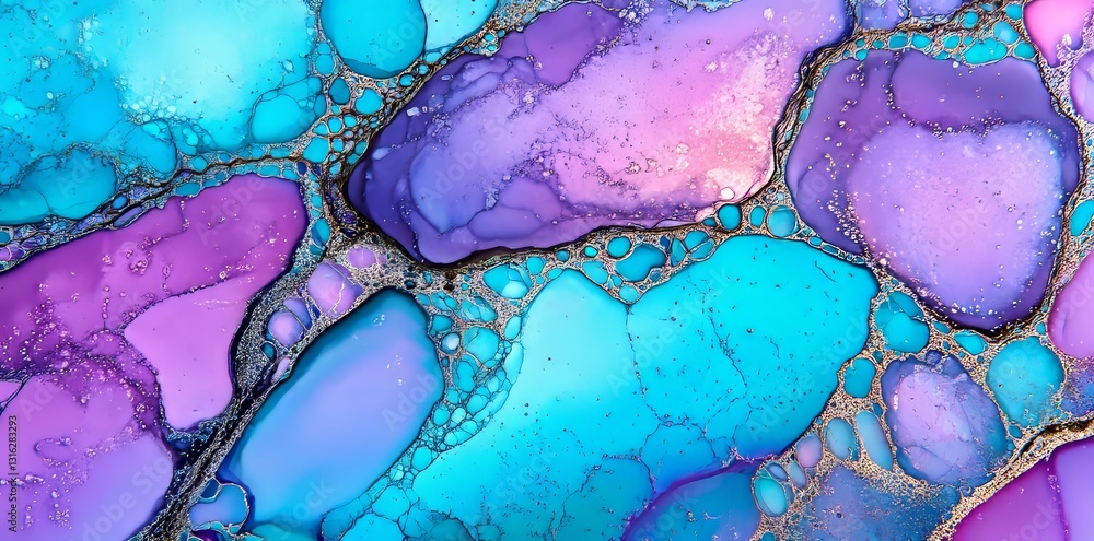 Poster watercolors in purple and turquoise blend dynamically to generate abstract, fluid textures ideal for