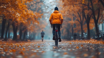 Fototapeta premium Person with depression cycling through a tranquil autumn path lined with fallen leaves and trees