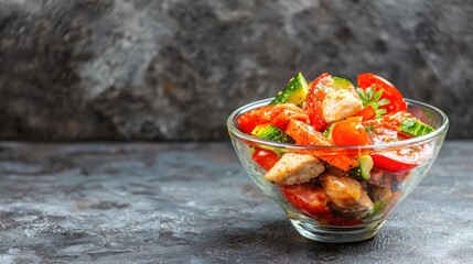 Vibrant chicken salad in glass bowl against textured grey background close up healthy nutritious meal culinary arts