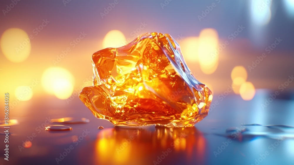 Poster amber gemstone reflecting soft light on smooth dark surface in artistic composition with bokeh