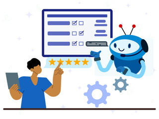 AI Robotic helping to analyzing service quality concept. AI assistant feedback to customer satisfaction. 