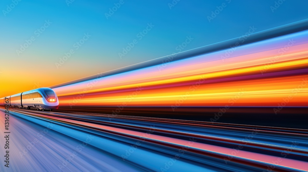 Poster high-speed hyperloop cargo transport system concept with dynamic motion blur at sunset