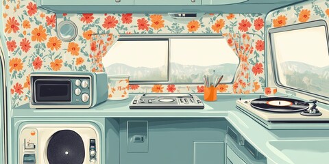 Interior illustration of a vintage camper van with retro features