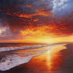 Fototapeta premium A vibrant painting captures a breathtaking sunset over the ocean, with hues of orange, pink, and purple blending in the sky. A lone surfer stands on the sandy beach, gazing at the waves.