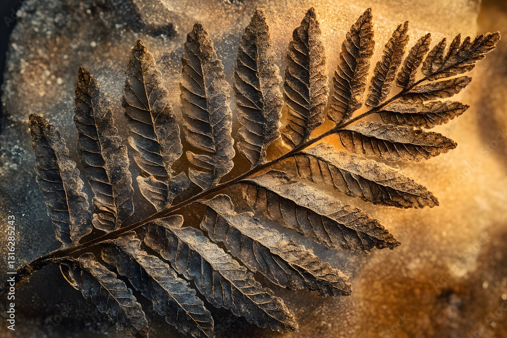 Poster fossilized leaf. selective focus. close-up, background and texture