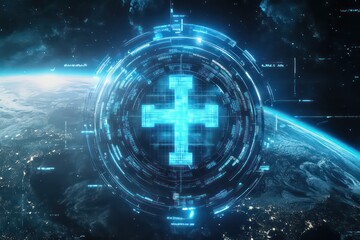 A digital representation of a medical cross within a holographic shield, protecting a rotating blue planet.
