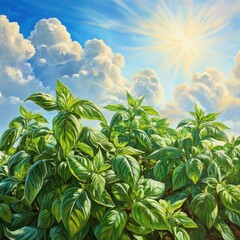 Obraz premium Vibrant Basil Plants Under a Sunny Sky Impressionistic Landscape Painting Fresh Herbal Garden with Cloudy Blue Sky