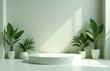 The Podium Has A 3d Rendering Platform With A Background Featuring A Plant Product Presentation Setup.