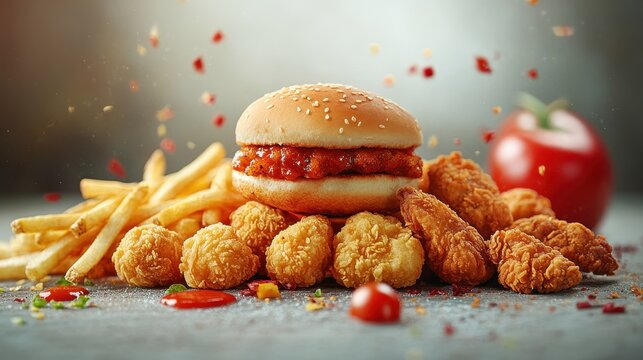 A vibrant, overhead shot reveals crispy French fries, golden nuggets, and juicy fried chicken wings, their glistening surfaces tantalizing the viewer is appetite. This appetizing image is the perfect