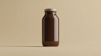 Brown Glass Bottle with Dark Liquid on Beige Background