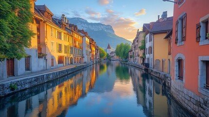 Naklejka premium Quiet canal reflecting medieval buildings in Annecy, France during sunset