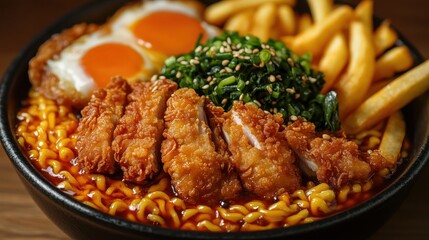 Fototapeta premium A studio shot, bathed in the soft glow of artificial light, captures a plate of perfectly golden fried chicken strips, their crispy exteriors contrasting beautifully with the fluffy interiors, served