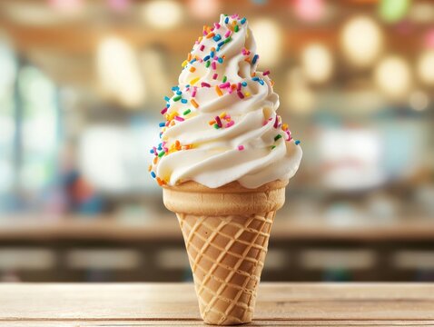 Vanilla soft serve ice cream cone with sprinkles on wooden table with blurred background