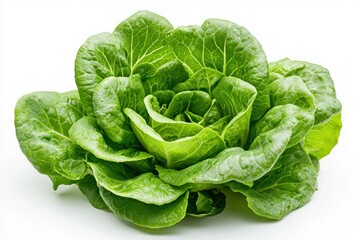 Vivid Green Romaine Lettuce Head on White Background Fresh Vegetarian Ingredient Natural Light Close up