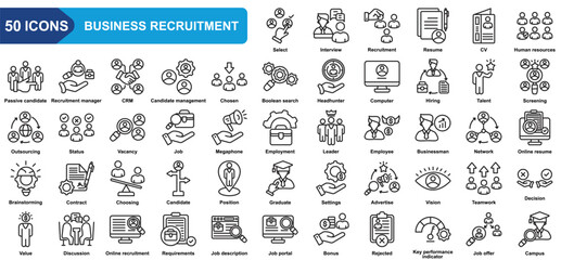 Business recruitment collection icon set. Interview, Recruitment, Resume, Cv, Passive candidate, Recruitment manager, Crm, Chosen, Status. Simple line vector.