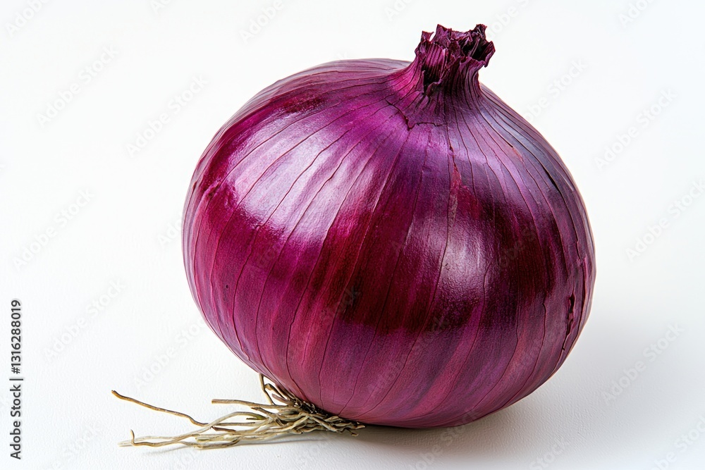 Poster close up shot of a vibrant red onion on a clean white surface with interesting texture and detail in