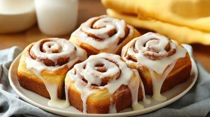 Delicious cinnamon roll treat with icing on a plate a sweet indulgence on a sunny morning concept