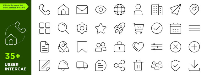 Editable set of interface, home, phone, location, people and essential icons arranged separately on flat vector illustration with transparent background. Perfect pixel size. 64x64