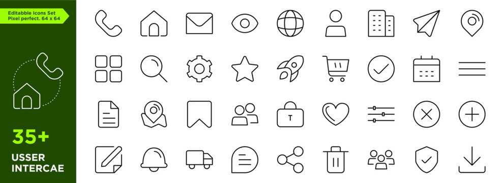 Editable set of interface, home, phone, location, people and essential icons arranged separately on flat vector illustration with transparent background. Perfect pixel size. 64x64