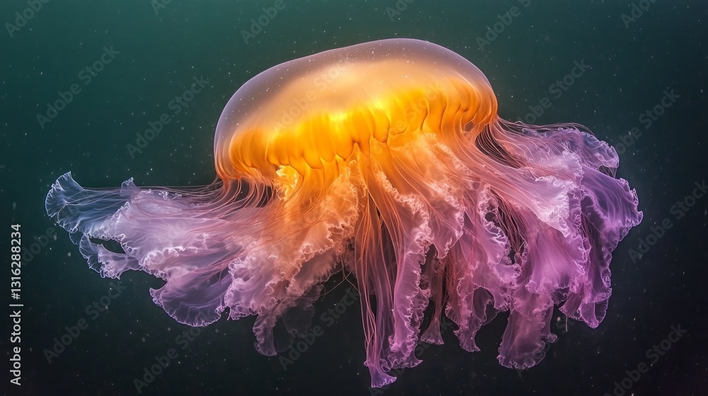 Poster a mesmerizing jellyfish glides through the tranquil depths, its long, flowing tentacles elegantly tr
