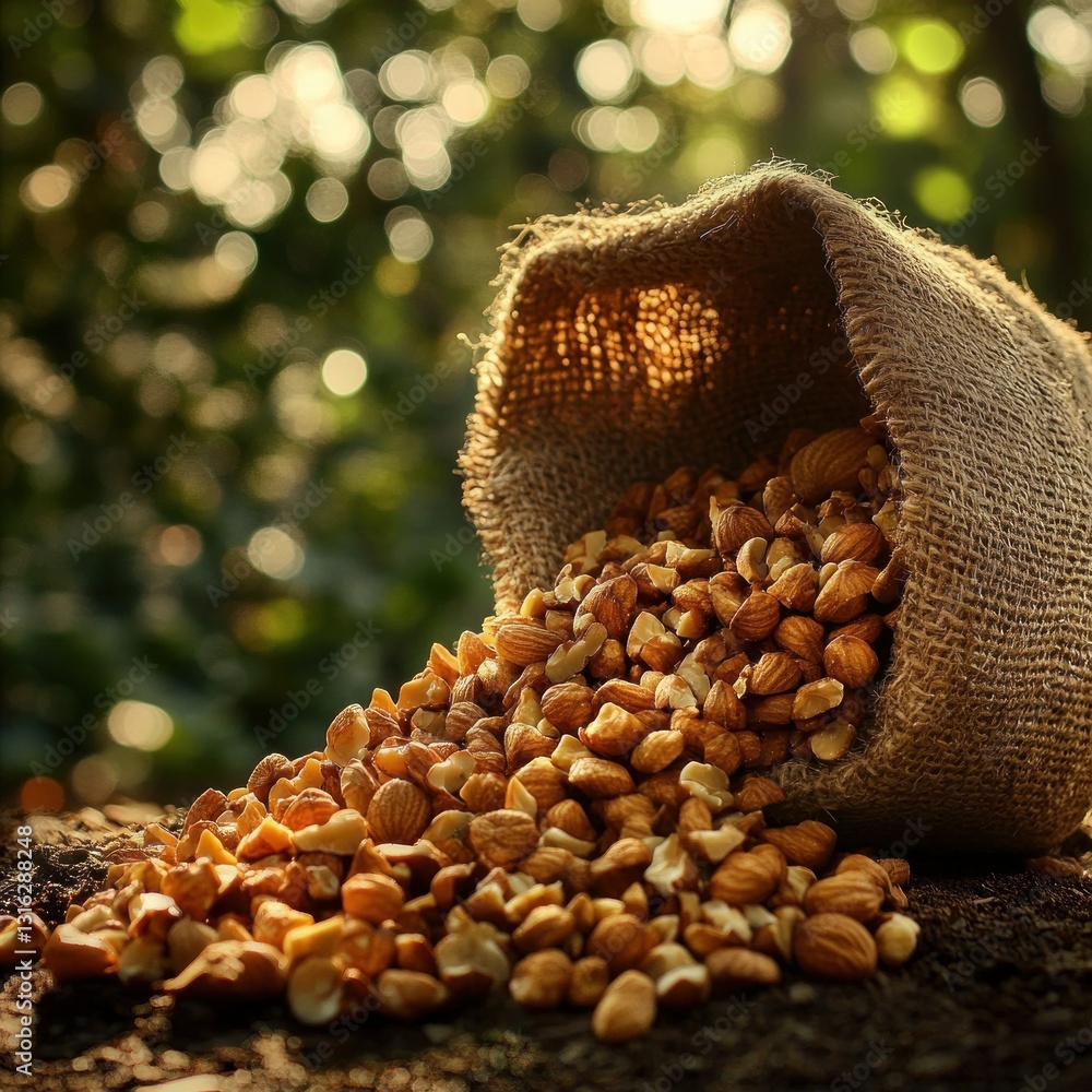 Poster sunlight shines through a burlap sack of almonds spilled on a natural surface in a forest setting