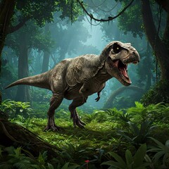 Fototapeta premium Digital image of a T-Rex in a lush forest: intense brown eyes, sharp teeth, dark grey skin, vivid jungle setting. Generative AI
