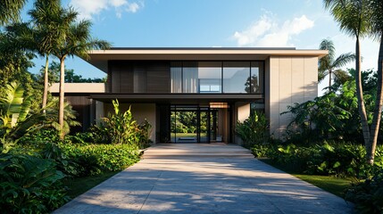 Modern Luxury Home Entrance with Clean Lines, Surrounded by Greenery, Under a Clear Blue Sky, Minimalistic and Serene Design.