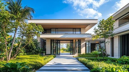 Modern Luxury Home Entrance with Clean Lines, Surrounded by Greenery, Under a Clear Blue Sky, Minimalistic and Serene Design.