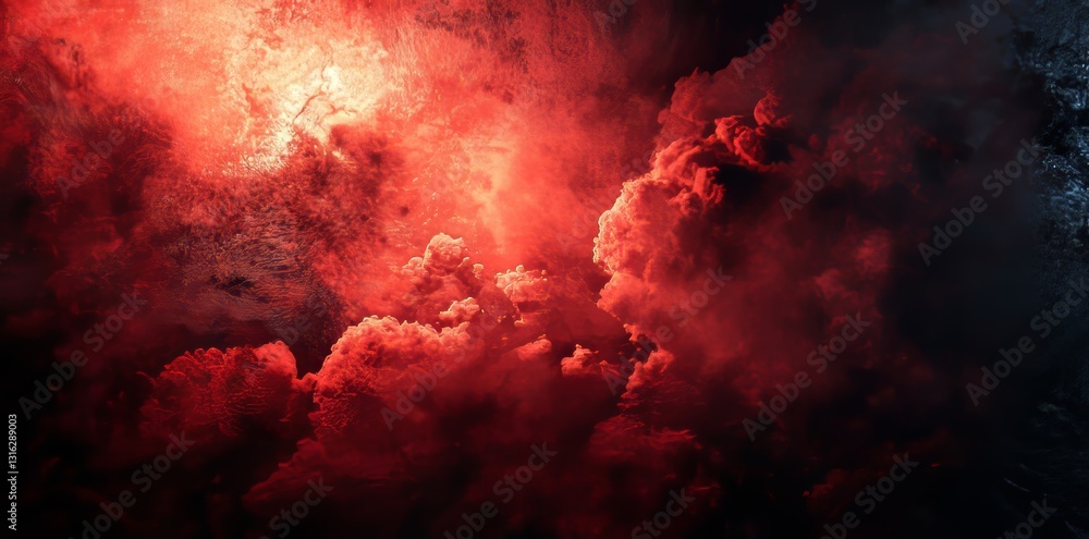 Poster featuring a dark border and an illuminated center, the red grunge texture background creates a drama