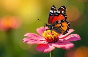 Vibrant monarch butterfly on pink flower in sunlit garden