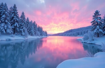 Snow-covered trees reflect on tranquil lake during vibrant winter sunset
