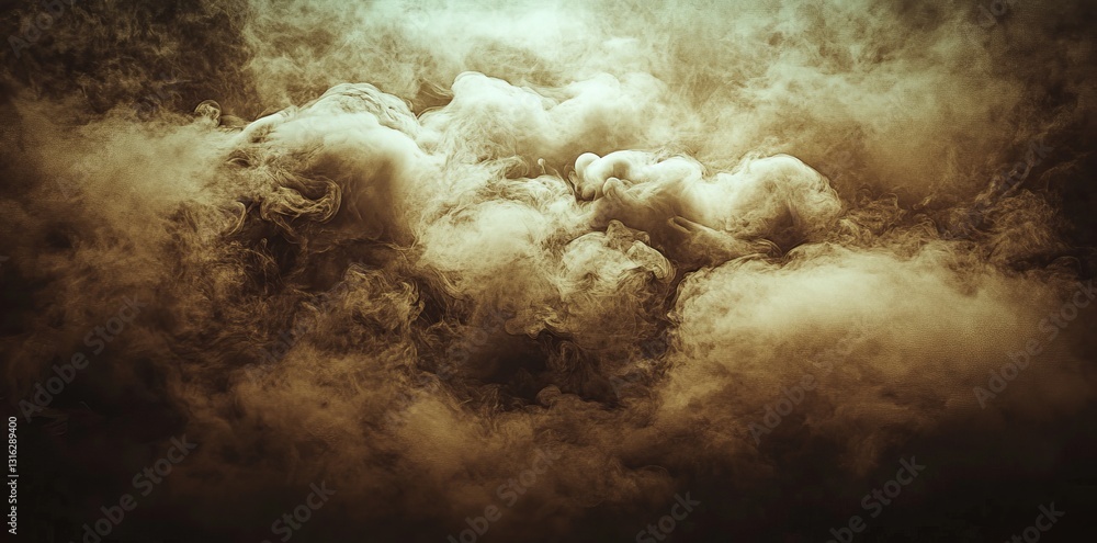Poster against a backdrop of deep darkness, a dynamic curl of textured brown smoke generates a visual effec