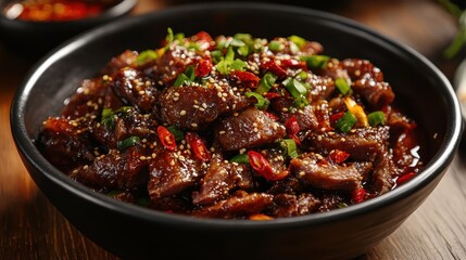 A fiery symphony of flavors, featuring a whole roasted duck adorned with a medley of dried chili segments, fragrant Sichuan peppercorns, aromatic spices, a vibrant red oil, and glistening sesame