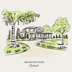 Architecture freehand drawing, Sketch Hand drawn Drawing design.