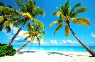 Obraz premium Tropical paradise beach with tall palm trees and clear blue water