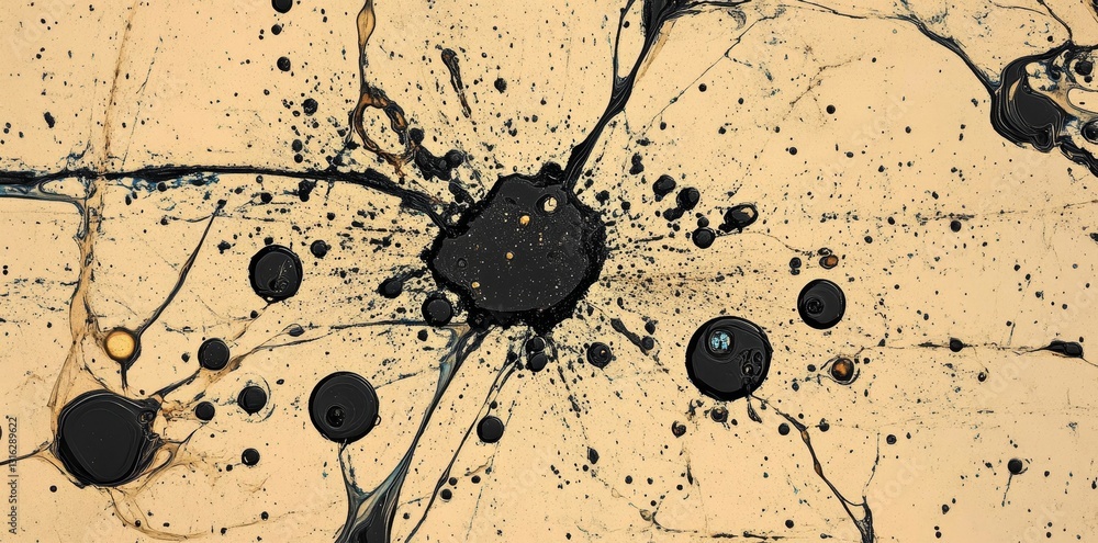 Aufkleber an abstract pattern of black ink splatters is visible on a beige-colored canvas, with a background t