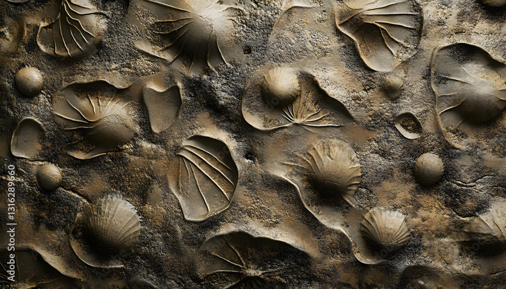 Aufkleber an abstract pattern resembling fossilized imprints of leaves and shells, rendered in muted earthy to