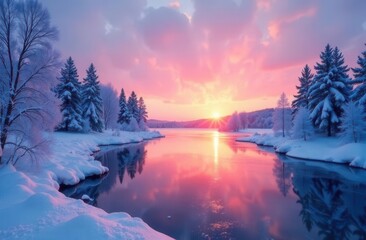 Serene winter sunrise over snow-covered lake with pine trees and reflections