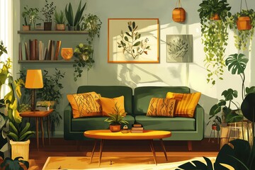 A illustration of a cozy home interior with well-placed lighting and decor.