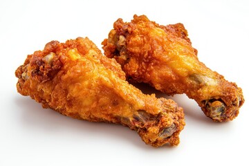Two golden crispy fried chicken legs on a clean white surface delicious food close up studio shot