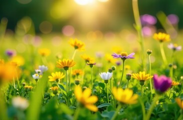 Sunlit wildflowers blooming in a tranquil meadow at sunset
