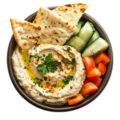 A Bowl of Fresh Creamy Hummus with Pita Bread Isolated on Transparent Background
