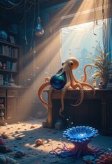 Ocean Octopus in Sunlit Underwater Room Artistic Fantasy Illustration